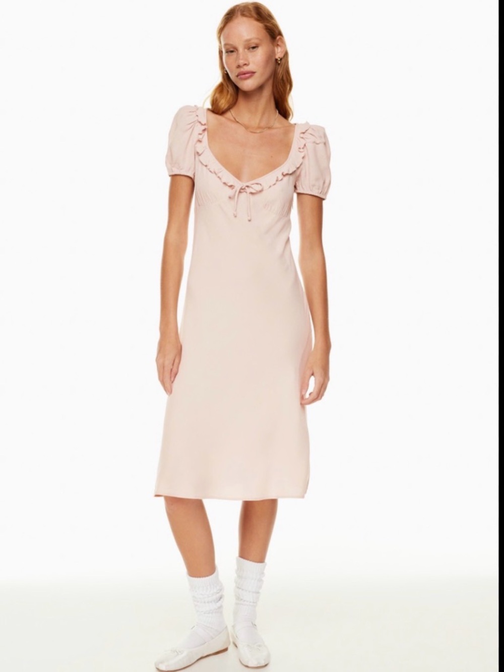 Aritzia Sunday Best Blush Bias Cut Midi Dress | Ruffle Neck Tie Front Size S💜